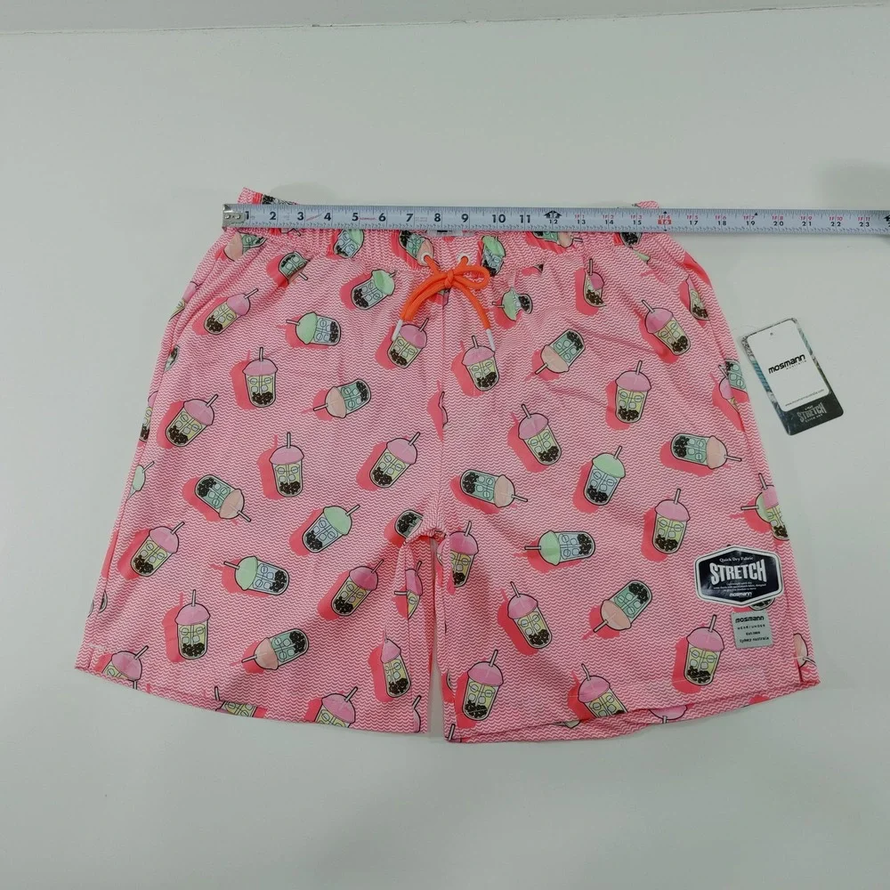 Mosmann Australia Mens XL Pink Boba Tea Print Swim Trunks Stretch Board‎ Shorts
